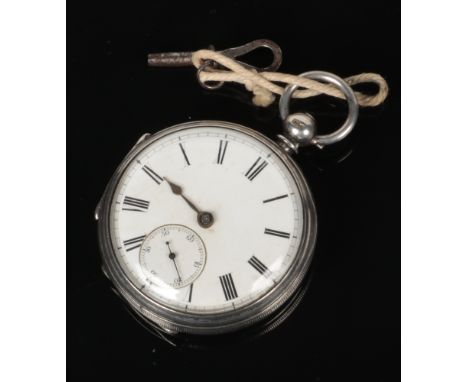 A Victorian silver fusee pocket watch and key. With enamel dial and subsidiary seconds. Assayed London 1892.  Balance spring 