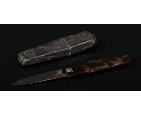 An early 19th century steel bleeding tool with tortoiseshell scales and in pressed cardboard case.  