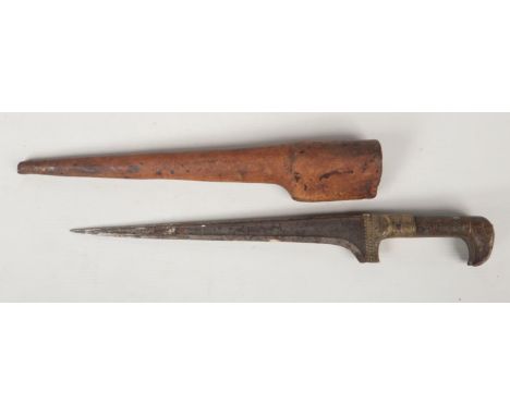 A 19th century Indo-Persian dagger in leather mounted scabbard and with piquet inlaid horn grip, dagger 38cm.  Some pitting t