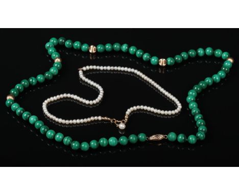 A malachite bead necklace interspersed with 14 carat gold beads and clasp along with a pearl necklace with 14 carat gold moun