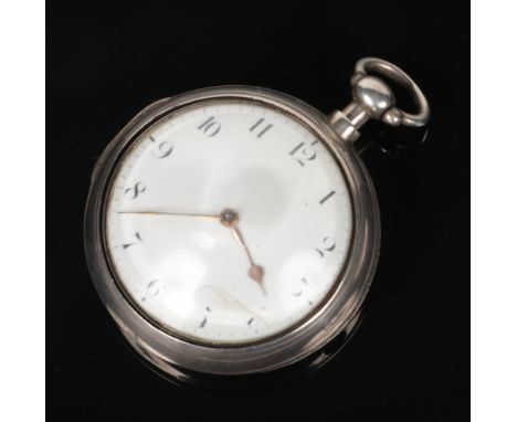 A George IV silver pair cased fusee pocket watch by William Paine. With enamel dial and having Arabic numeral markers. Moveme