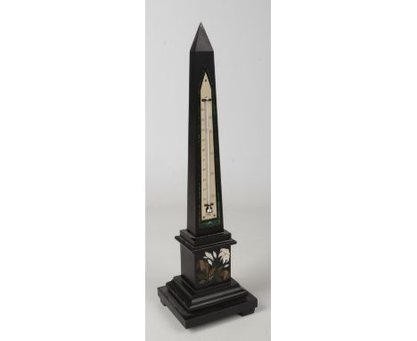 A 19th century Ashford marble obelisk form thermometer. With ivory dial framed in malachite and raised on a stepped plinth de