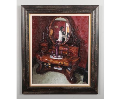 Richard Combes (British b. 1963) framed oil on board. Portrait of a woman reflected in the mirror of a duchess dressing table