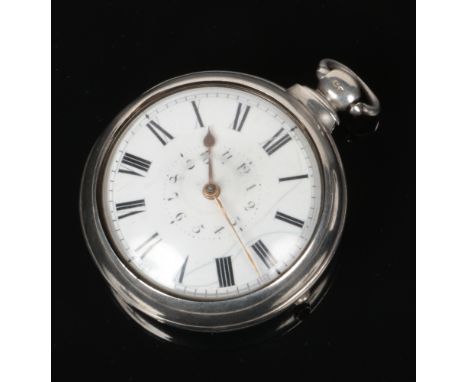 A George IV silver pair cased fusee pocket watch. With enamel dial bearing Roman and Arabic numeral markers. Assayed London 1