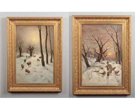 English school, pair of 19th century gilt framed oil on canvas. Evening winter snow scenes with sheep. Each with sgrafitto mo
