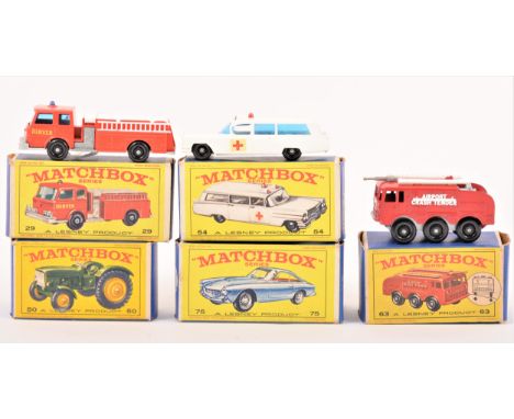 Matchbox Lesney 1-75 series; three die-cast models including no.29 fire pumper truck, no.63 fire fighter crash tender, and no