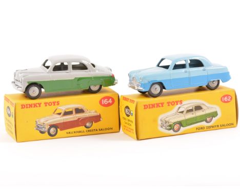 Two Dinky Toys; no.164 Vauxhall Cresta Saloon, two-tone grey and green body, grey ridged hubs, no.162 Ford Zephyr Saloon, two