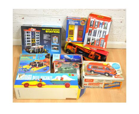 Vintage toys; including Car Park 'N' Service Station, Service Centre, Walkie Talkies, Tuft-Toy cars set, Intercom phone, Airl