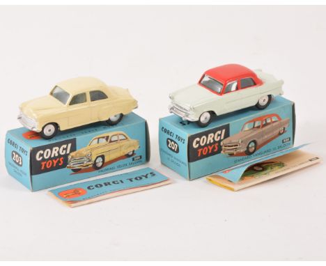 Two Corgi Toys; no.207 Standard Vanguard III Saloon, two-tone pale green/grey body and red roof, no.203 Vauxhall Velox Saloon