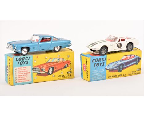 Corgi Toys; two die-cast models including no.324 Marcos 1800 G.T. with Volco engine, and no.241 Ghia L.6.4 with Chrysler engi