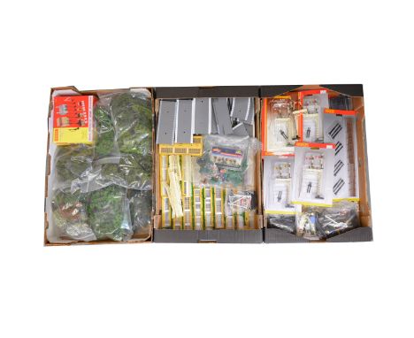 OO gauge model railway track-side accessories, signals, station platform, figures and trees, pack R8228 mostly by Hornby Trai