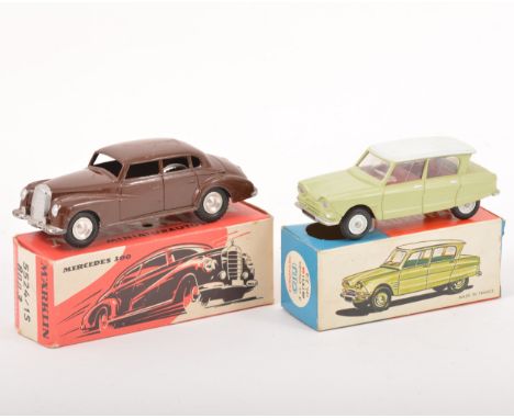 Marklin and Europac CIJ models; no.8003 Mercedes 300, dark brown body, spun hubs, (wear to roof), 3 CV Citroen, both boxed.