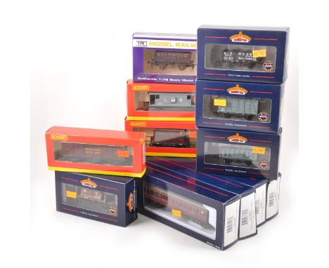 Bachman and Hornby OO gauge model railway rolling stock; twelve including 33-857 30 ton bogie bolster wagon, 34-226B corridor