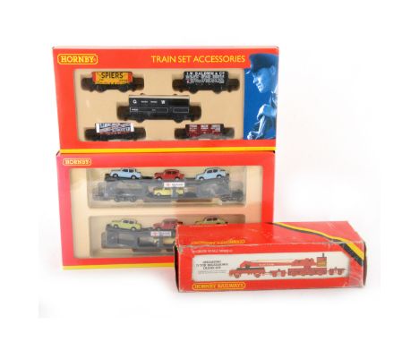 Hornby OO gauge model railway wagon sets; two including R6290 assorted wagons pack of five, R6397 car transporter 8 car set, 