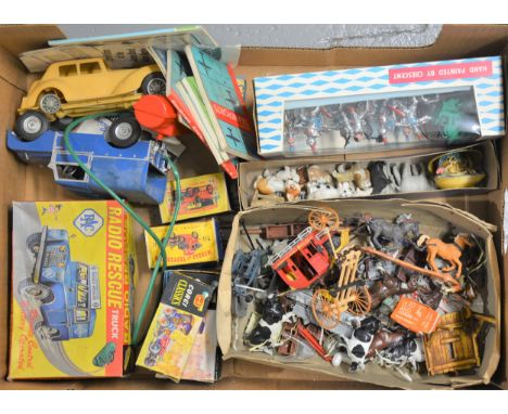 One box of toys and figures; including Crescent Toy set no.905 Medieval Knights set, boxed, Britains and other lead and plast