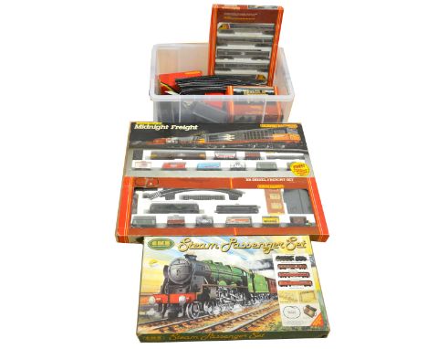 OO gauge model railways; a good collection of mostly Hornby including four sets, R794 advanced passenger train pack, Midnight