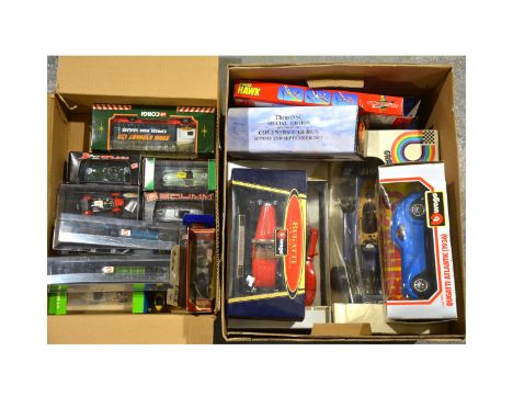 Two boxes of die-cast model and vehicles; including examples by Corgi, Burago, Brumm, Hotwheels, and others, all boxed.