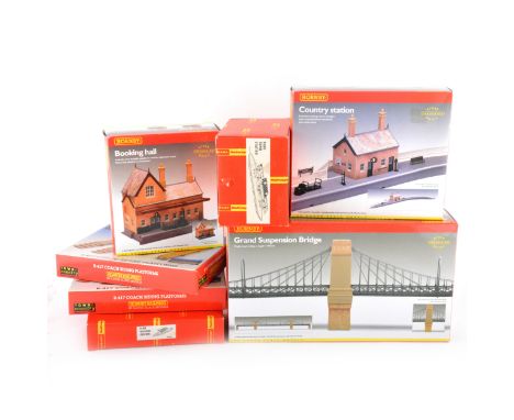 OO gauge model railway track-side buildings; mostly Hornby and Superquick, including R8008 suspension bridge, R8007 booking h
