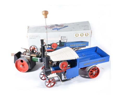 Two Mamod live steam models; SW1 steam wagon, blue, with steering, funnel, skillet and burner, boxed, and a loose SR1 steam r