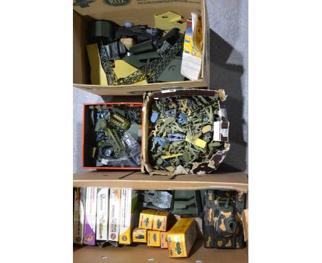 A large quantity of plastic military toy soldiers, vehicles and buildings, Airfix and other makers, some boxed, a Marx toys b