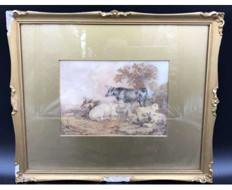 W.S Cooper watercolour, Cattle and Sheep in field scene, signed L.L. W S Cooper '80. Painting size 16cms h x 23cms w.Conditio