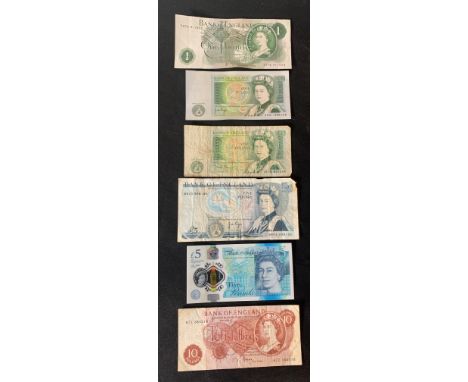 Three vintage one pound notes, two five pound notes and a ten shilling note.