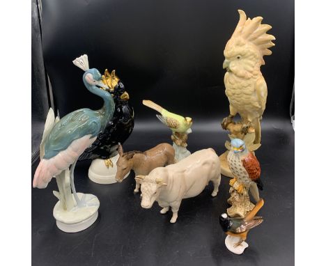 Ceramic birds and animals to include Beswick donkey, bull and hawk, 2 Goebel birds and 3 Royal Dux birds with pink triangle m