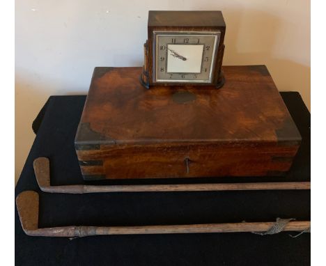 A clock, 2 vintage golf irons and a walnut brass bound writing box.Condition ReportWear to irons, others in fairly good condi
