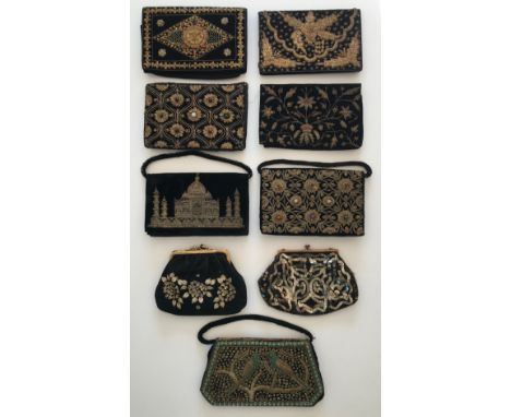 A collection of 9 handbags mainly from India with soft fabric base and metallic stitching of various designs including the Ta
