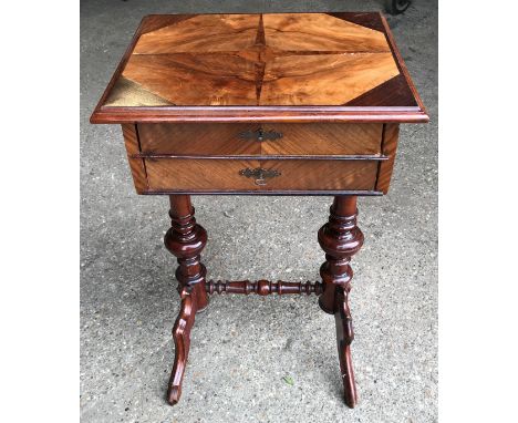 A walnut sewing table with light up lid, fitted interior and single drawer. 48cms w x 40cms d x 76cms h.Condition ReportWarp 