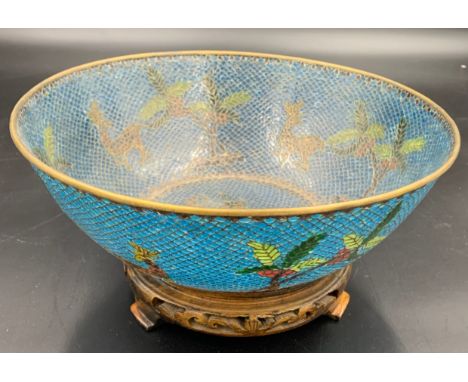 A plique à jour enamel bowl 23cms d on wooden stand and original presentation case.Condition ReportGood condition.