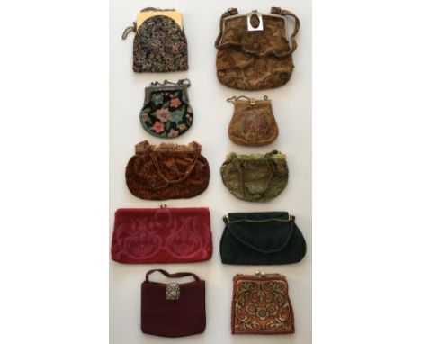 A collection of multi coloured handbags to include 4 x stitched embroidered bags, all floral design, 2 x velvet orange and gr