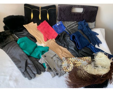 Two vintage handbags including Gina, leather and suede gloves , long evening gloves and ostrich feathers.Condition ReportGood