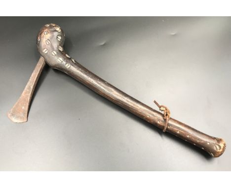 African tribal axe, carved wooden handle with metal blade, 40cms l.Condition ReportSome dents and wear to top knob end.