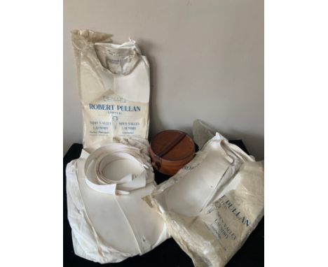 Three vintage gentleman's shirts with collars and a leather collar box.Condition ReportMarks to interior of box, other items 