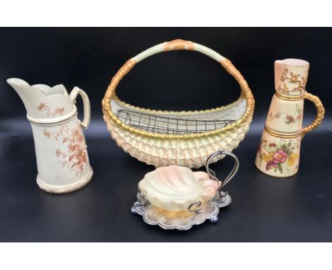 A collection of Royal Worcester to include a basket vase 24cms h x 207cms w, tusk jug 20cms h, floral jug 20.5cms h and a she