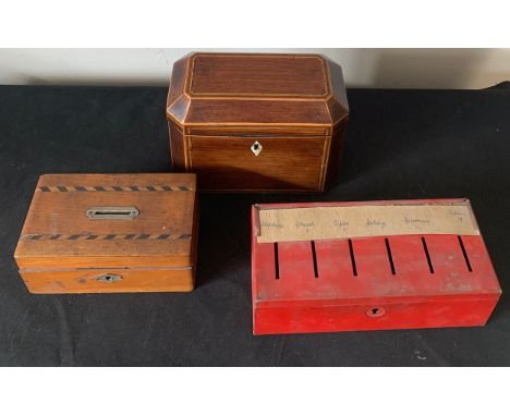 Early 19thC tea caddy, wooden/inlaid, money box and tin money box.Condition ReportSigns of wear.
