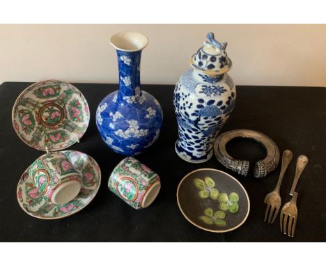 A group of ceramics to include Chinese vases, cups and saucers, a Marazion dish together with a white metal bangle and 2 hall