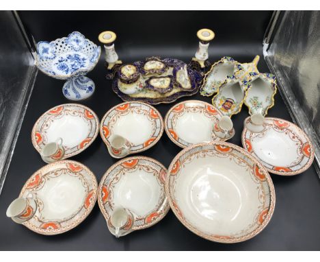 A mixed ceramic selection to include a blue and white pedestal dish with pierced bowl and Meissen crossed swords base mark 15