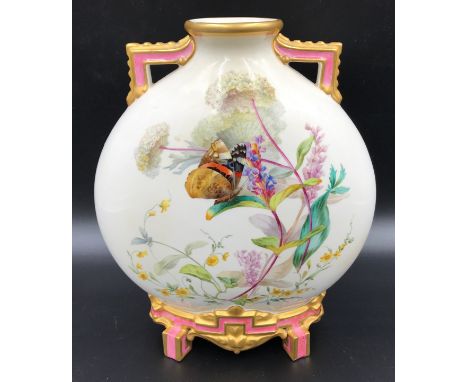 A Royal Worcester moon vase with floral and butterfly decoration. 25.5cms l x 21cms w. Circa 1892.Condition ReportChip to bas