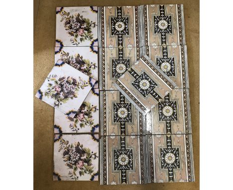 Set of nine Minton tiles, brown floral design 20.5cms square and a set of five floral patterned tiles 20cms square.Condition 