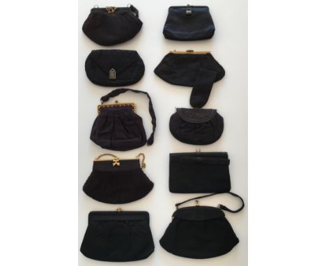 A collection of 8 black fabric handbags with some details to clasps and fronts. Material includes satin, French crepe, cotton