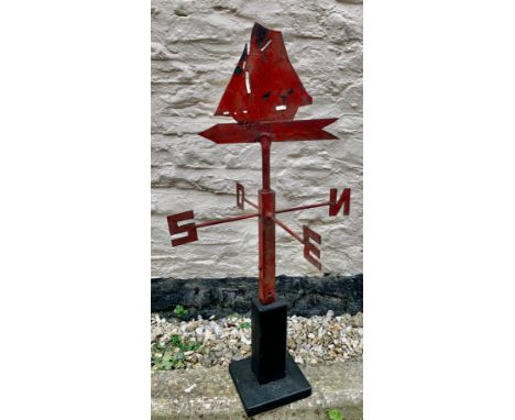 Vintage metal sailing ship weather vane mounted on a wooden base. 81cms h.Condition ReportWear to paintwork.