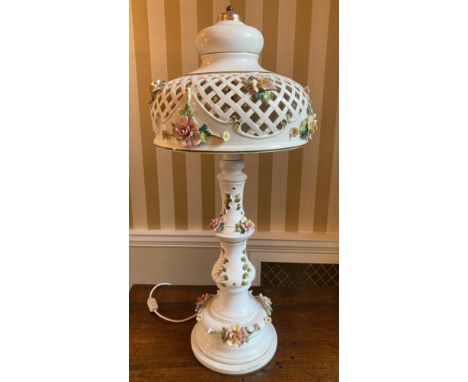 An Italian large white decorative &amp; floral ceramic lamp. 92 h x 43cms d.Condition ReportGood condition.