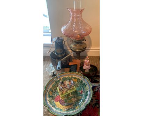 A miscellany to include miners lamp, brass oil lamp, copper pan, Doulton figure, thermometer, cigarette cases etc. Miners lam