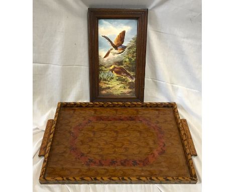 An oak framed hand painted pottery tile of a pair of Kingfishers. Tile size 30cms h x 15cms w together with a walnut effect t