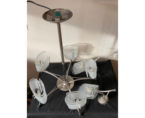 A Spazioluce chrome and glass 5 light fitting with 2 matching wall lights. 57cms at widest point. Condition ReportGood condit