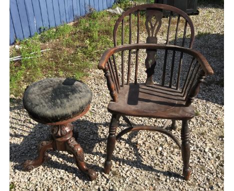 A Victorian walnut revolving piano tripod stool with upholstered seat 52cms h , to seat 36cms h together with a Windsor stick