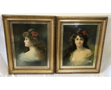 A pair of gilt framed A Asti oilograph prints, portraits of young ladies. Print size 54 x 39cms. Frames 7cmsCondition ReportV
