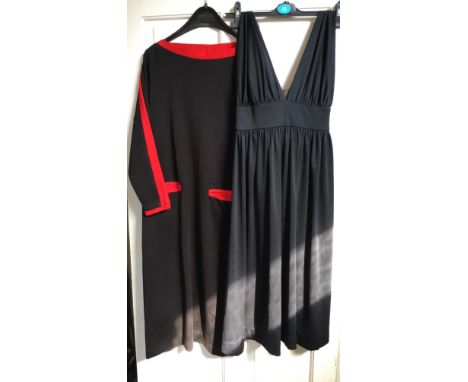 A Polly Peck by Sybil Zelker black gathered panelled straps dress and a black and red long sleeved dress by Gabriel Chofflet 